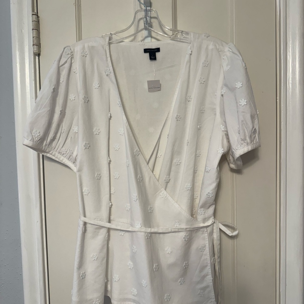 Ann Taylor NWT White Wrap Blouse with Floral Embroidery
